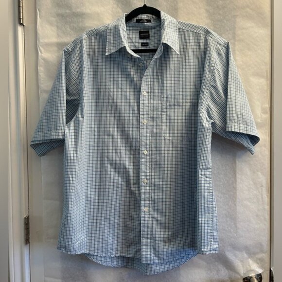 Arrow poplin mens cotton button up short sleeve plaid shirt Sz-16-16-1/2 L. W16 - Picture 5 of 9